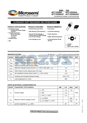 APT15D60KG datasheet - ULTRAFAST SOFT RECOVERY RECTIFIER DIODE