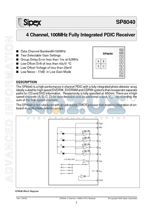 SP8040 datasheet - 4 Channel, 100MHz Fully Integrated PDIC Receiver