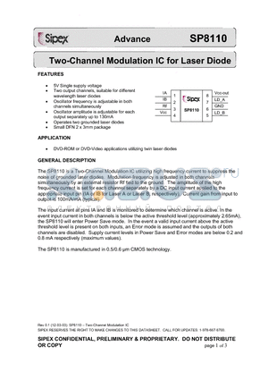 SP8110ER datasheet - Two-Channel Modulation IC for Laser Diode