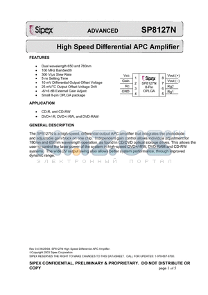 SP8127NDG datasheet - High Speed Differential APC Amplifier
