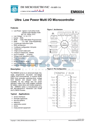 EM6604 datasheet - Ultra Low Power Multi I/O Microcontroller
