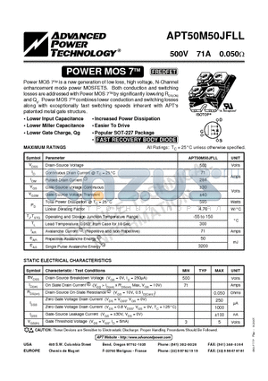 APT50M50JFLL datasheet - Power MOS 7TM is a new generation of low loss, high voltage, N-Channel enhancement mode power MOSFETS.