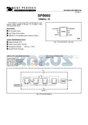 SP8660 datasheet - 150MHz10 Low Power ECL Counter