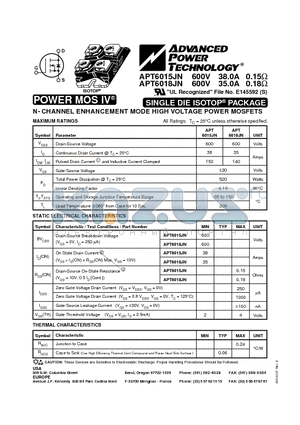 APT6015JN datasheet - N-CHANNEL ENHANCEMENT MODE HIGH VOLTAGE POWER MOSFETS