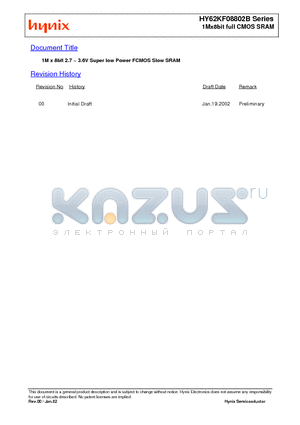 HY62KF08802B-SD datasheet - 1M x 8bit 2.7 ~ 3.6V Super low Power FCMOS Slow SRAM