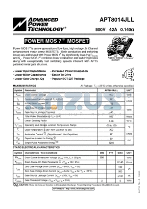APT8014JLL datasheet - Power MOS 7TM is a new generation of low loss, high voltage, N-Channel enhancement mode power MOSFETS.