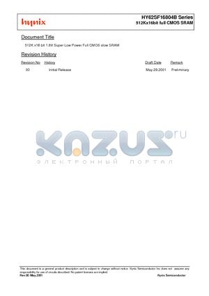 HY62SF16804B-C datasheet - 512K x16 bit 1.8V Super Low Power Full CMOS slow SRAM