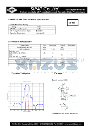 SP830 datasheet - SAW filter technical specification