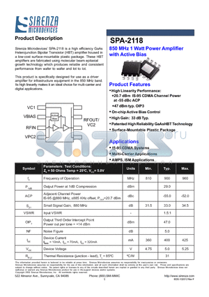 SPA-2118 datasheet - 850 MHz 1 Watt Power Amplifier with Active Bias