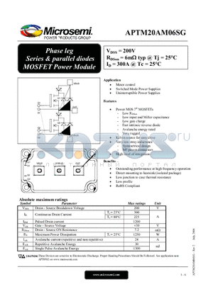 APTM20AM06SG datasheet - Phase leg Series & parallel diodes MOSFET Power Module