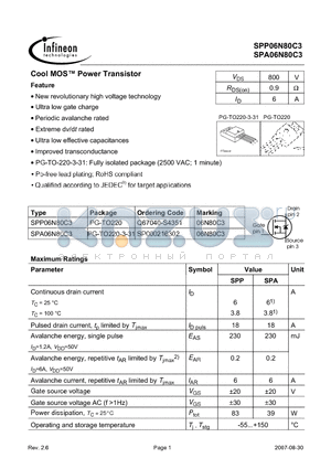 SPA06N80C3 datasheet - Cool MOS Power Transistor