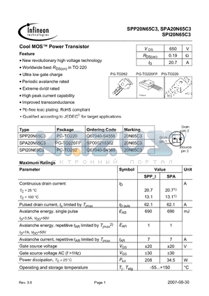 SPA20N65C3 datasheet - New revolutionary high voltage technology Worldwide best RDS(on) in TO 220
