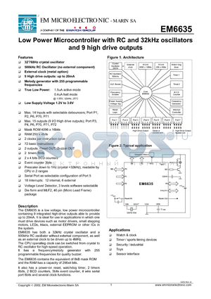 EM6635WS11 datasheet - Low Power Microcontroller with RC and 32kHz oscillators and 9 high drive outputs