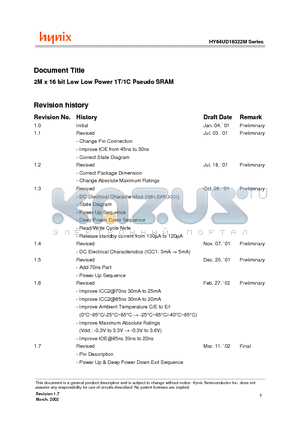 HY64UD16322M-DF85E datasheet - 2M x 16 bit Low Low Power 1T/1C Pseudo SRAM