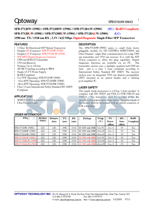 SPB-57120AW-1590G datasheet - 1590 nm TX / 1510 nm RX , 3.3V / 622 Mbps Digital Diagnostic Single-Fiber SFP Transceiver
