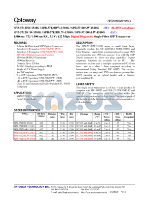 SPB-57120LW-1510G datasheet - 1510 nm TX / 1590 nm RX , 3.3V / 622 Mbps Digital Diagnostic Single-Fiber SFP Transceiver