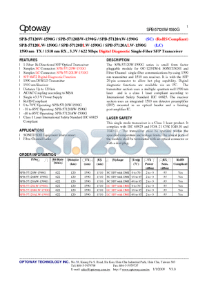 SPB-57120W-1590G datasheet - 1590 nm TX / 1510 nm RX , 3.3V / 622 Mbps Digital Diagnostic Single-Fiber SFP Transceiver