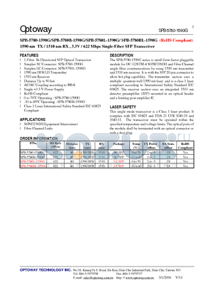 SPB-5780BL-1590G datasheet - 1590 nm TX / 1510 nm RX , 3.3V / 622 Mbps Single-Fiber SFP Transceiver