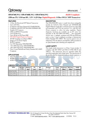SPB-8740BLWG datasheet - 1550 nm TX / 1310 nm RX , 3.3V / 4.25 Gbps Digital Diagnostic 1-Fiber SMLC SFP Transceiver