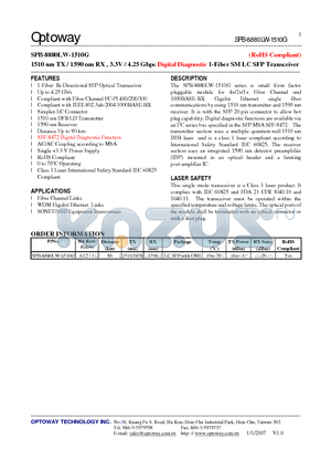 SPB-8880LW-1510G datasheet - 1510 nm TX / 1590 nm RX , 3.3V / 4.25 Gbps Digital Diagnostic 1-Fiber SM LC SFP Transceiver