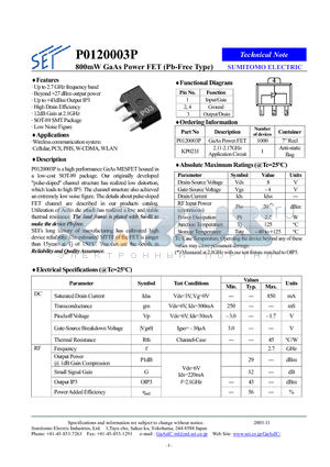 P0120003P datasheet - 800mW GaAs Power FET (Pb-Free Type)