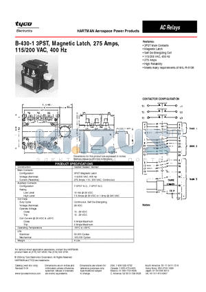 B-430-1 datasheet - B-430-1 3PST, Magnetic Latch, 275 Amps,115/200 VAC, 400 Hz