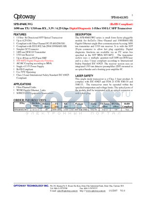 SPB-8940LWG datasheet - 1490 nm TX / 1310 nm RX , 3.3V / 4.25 Gbps Digital Diagnostic 1-Fiber SM LC SFP Transceiver