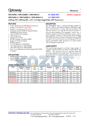 SPB-9620AG datasheet - 1310 nm TX / 1550 nm RX , 3.3V / 2.5 Gbps Single-Fiber SFP Transceiver