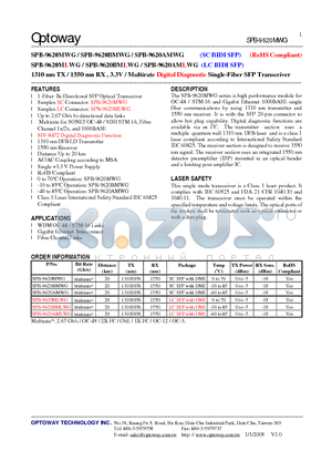 SPB-9620AMWG datasheet - 1310 nm TX / 1550 nm RX , 3.3V /Multirate Digital Diagnostic Single-Fiber SFP Transceiver