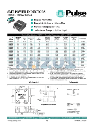 P0400NL datasheet - SMT POWER INDUCTORS, Height: 7.6mm Max, Footprint: 18.2mm x 15.0mm Max, Current Rating: up to 14.4A