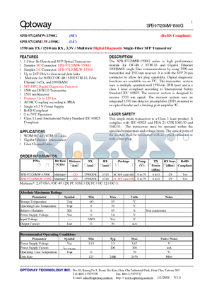 SPB-97120MW-1590G datasheet - 1590 nm TX / 1510 nm RX , 3.3V / Multirate Digital Diagnostic Single-Fiber SFP Transceiver