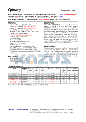 SPB-9780MW-1510G datasheet - 1510 nm TX / 1590 nm RX , 3.3V / Multirate Digital Diagnostic Single-Fiber SFP Transceiver