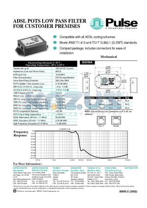 B2039A-J2 datasheet - ADSL POTS LOW PASS FILTER FOR CUSTOMER PREMISES