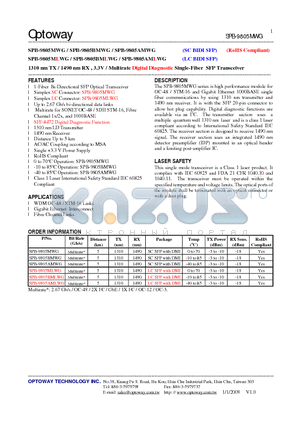 SPB-9805BMWG datasheet - 1310 nm TX / 1490 nm RX , 3.3V / Multirate Digital Diagnostic Single-Fiber SFP Transceiver
