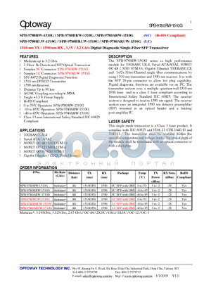 SPB-9780RW-1510G datasheet - 1510 nm TX / 1590 nm RX , 3.3V / 3.2 Gb/s Digital Diagnostic Single-Fiber SFP Transceiver