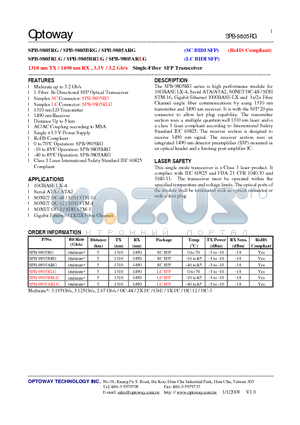 SPB-9805RG datasheet - 1310 nm TX / 1490 nm RX , 3.3V / 3.2 Gb/s Single-Fiber SFP Transceiver