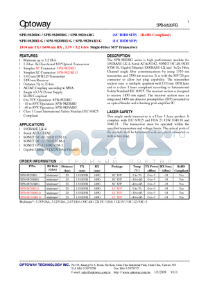 SPB-9820RLG datasheet - 1310 nm TX / 1490 nm RX , 3.3V / 3.2 Gb/s Single-Fiber SFP Transceiver