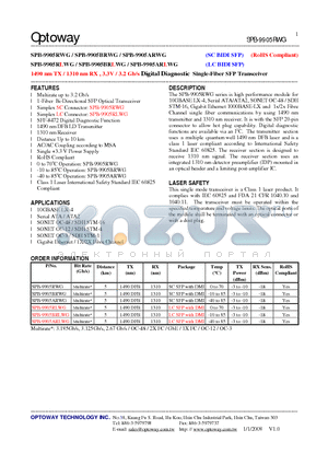 SPB-9905RWG datasheet - 1490 nm TX / 1310 nm RX , 3.3V / 3.2 Gb/s Digital Diagnostic Single-Fiber SFP Transceiver