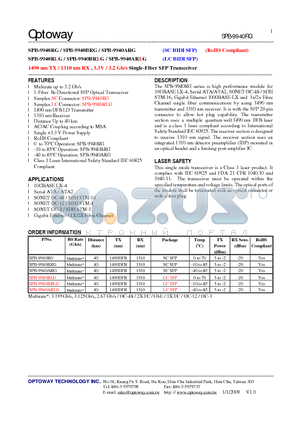 SPB-9940ARG datasheet - 1490 nm TX / 1310 nm RX , 3.3V / 3.2 Gb/s Single-Fiber SFP Transceiver