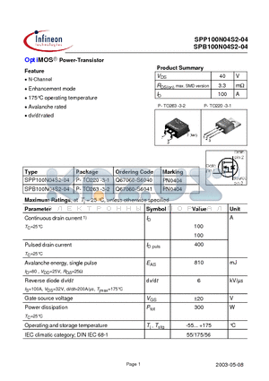 SPB100N04S2-04 datasheet - OptiMOS Power-Transistor