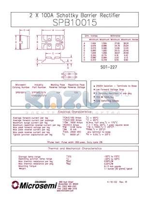 SPB10015 datasheet - 2 X 100A SCHOTTKY BARRIER RECTIFIER