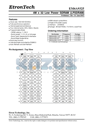 EM6A9325BG-7.5G datasheet - 4M x 32 Low Power SDRAM (LPSDRAM)