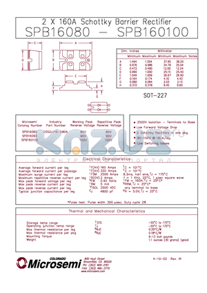 SPB160100 datasheet - 2 X 160A SCHOTTKY BARRIER RECTIFIER