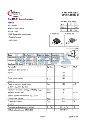 SPB80N06S2L-07 datasheet - OptiMOS Power-Transistor