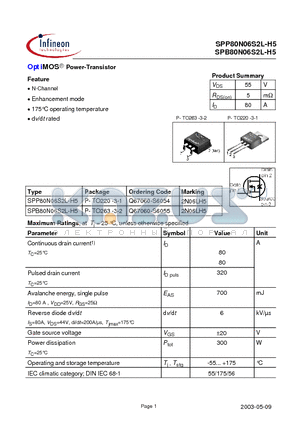 SPB80N06S2L-H5 datasheet - OptiMOS Power-Transistor