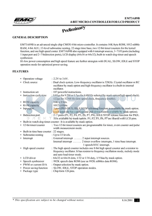 EM73A89B datasheet - 4-BIT MICRO-CONTROLLER FOR LCD PRODUCT