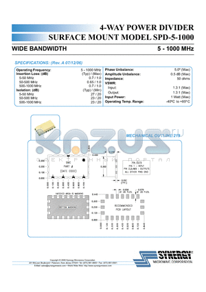 SPD-5-1000 datasheet - 4-WAY POWER DIVIDER SURFACE MOUNT WIDE BANDWIDTH 5 - 1000 MHz