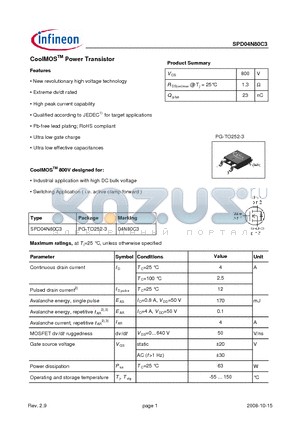 SPD04N80C3 datasheet - CoolMOSTM Power Transistor Features New revolutionary high voltage technology