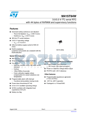 M41ST84WMQ6F datasheet - 3.0/3.3 V I2C serial RTC with 44 bytes of NVRAM and supervisory functions