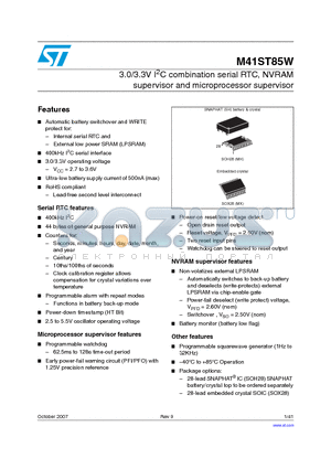 M41ST85W datasheet - 3.0/3.3V I2C combination serial RTC, NVRAM supervisor and microprocessor supervisor